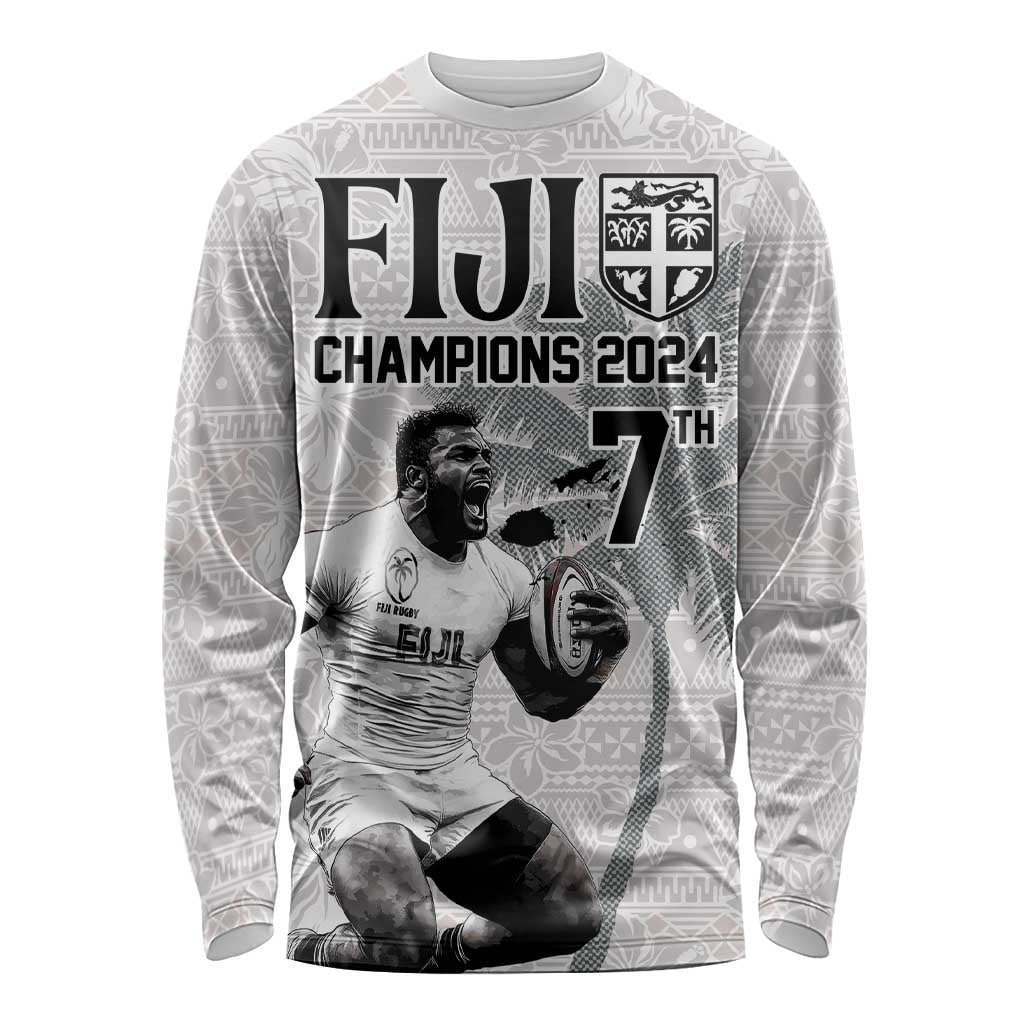 Custom Fiji Rugby Pacific Champions 2024 Long Sleeve Shirt Anniversary 7 Titles - Fijians Rugby and Tapa Hibiscus White Art LT03 Unisex White - Polynesian Pride