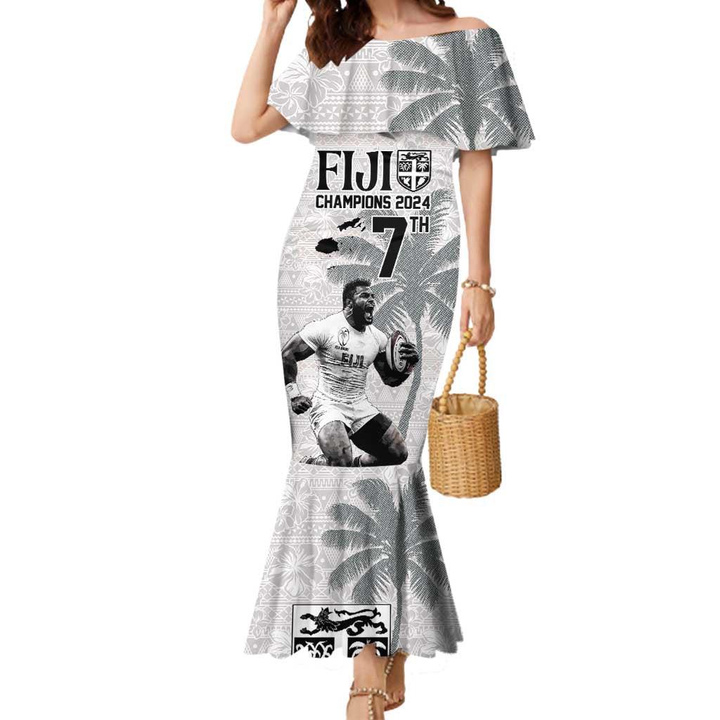 Custom Fiji Rugby Pacific Champions 2024 Mermaid Dress Anniversary 7 Titles - Fijians Rugby and Tapa Hibiscus White Art LT03 Women White - Polynesian Pride