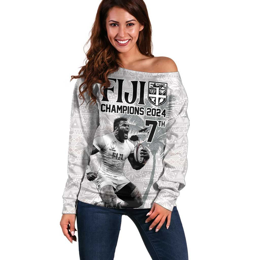 Custom Fiji Rugby Pacific Champions 2024 Off Shoulder Sweater Anniversary 7 Titles - Fijians Rugby and Tapa Hibiscus White Art LT03 Women White - Polynesian Pride