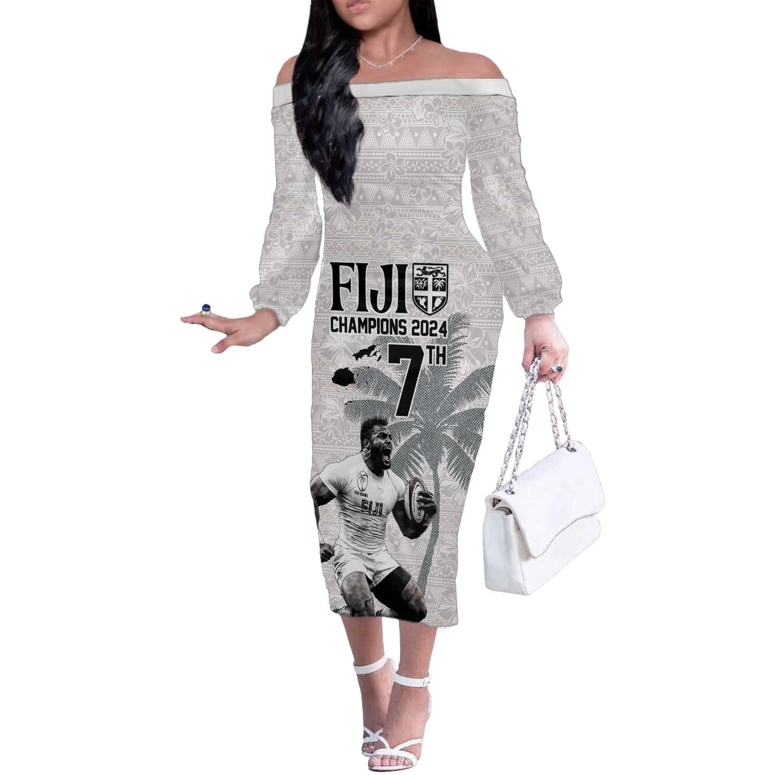 Custom Fiji Rugby Pacific Champions 2024 Off The Shoulder Long Sleeve Dress Anniversary 7 Titles - Fijians Rugby and Tapa Hibiscus White Art LT03 Women White - Polynesian Pride