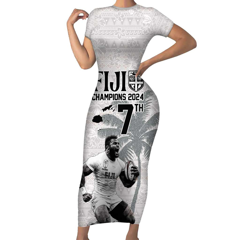 Custom Fiji Rugby Pacific Champions 2024 Short Sleeve Bodycon Dress Anniversary 7 Titles - Fijians Rugby and Tapa Hibiscus White Art LT03 Long Dress White - Polynesian Pride
