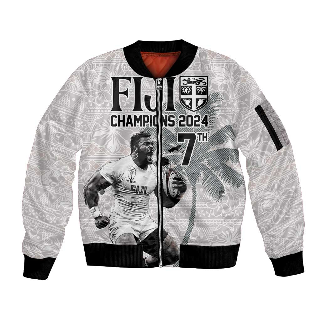 Custom Fiji Rugby Pacific Champions 2024 Sleeve Zip Bomber Jacket Anniversary 7 Titles - Fijians Rugby and Tapa Hibiscus White Art LT03 Unisex White - Polynesian Pride