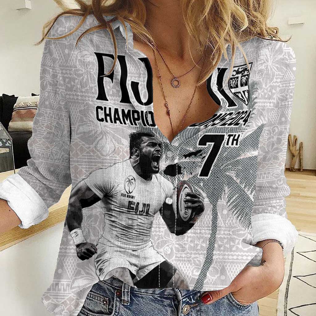 Custom Fiji Rugby Pacific Champions 2024 Women Casual Shirt Anniversary 7 Titles - Fijians Rugby and Tapa Hibiscus White Art LT03 Female White - Polynesian Pride
