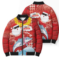 Hawaiian Mele Kalikimaka Bomber Puffer Jacket Funny Santa Riding Lei Dolphin with Kakau Tattoos - Polynesian Pride