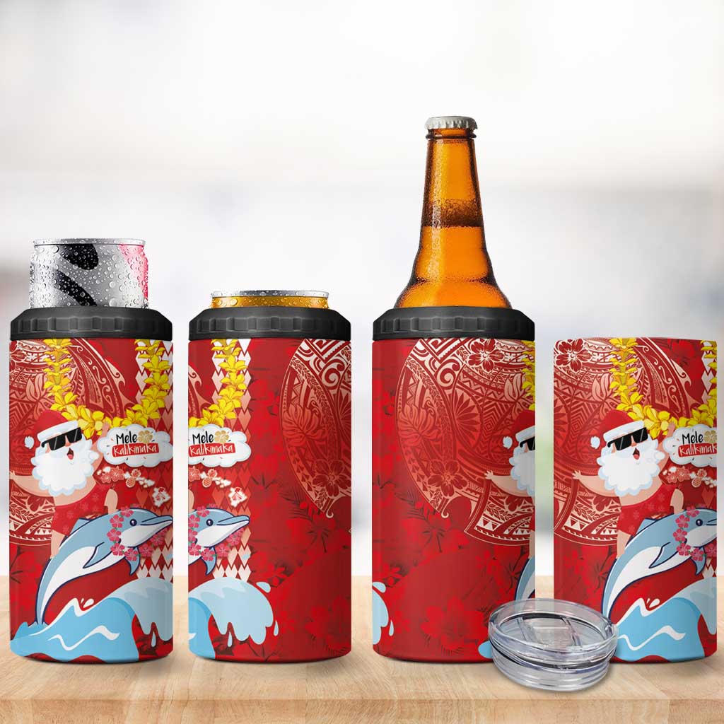 Hawaiian Mele Kalikimaka 4 in 1 Can Cooler Tumbler Funny Santa Riding Lei Dolphin with Kakau Tattoos - Polynesian Pride