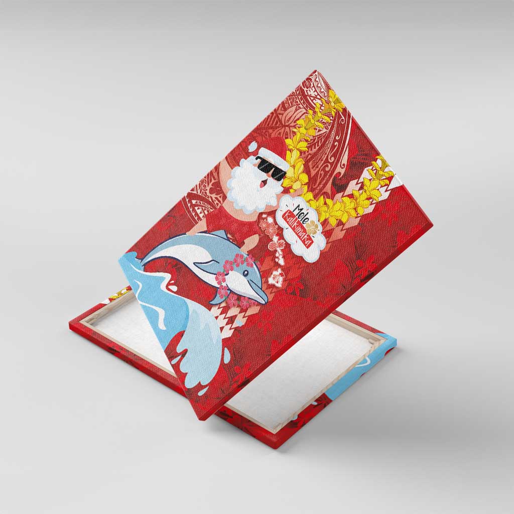 Hawaiian Mele Kalikimaka Canvas Wall Art Funny Santa Riding Lei Dolphin with Kakau Tattoos - Polynesian Pride