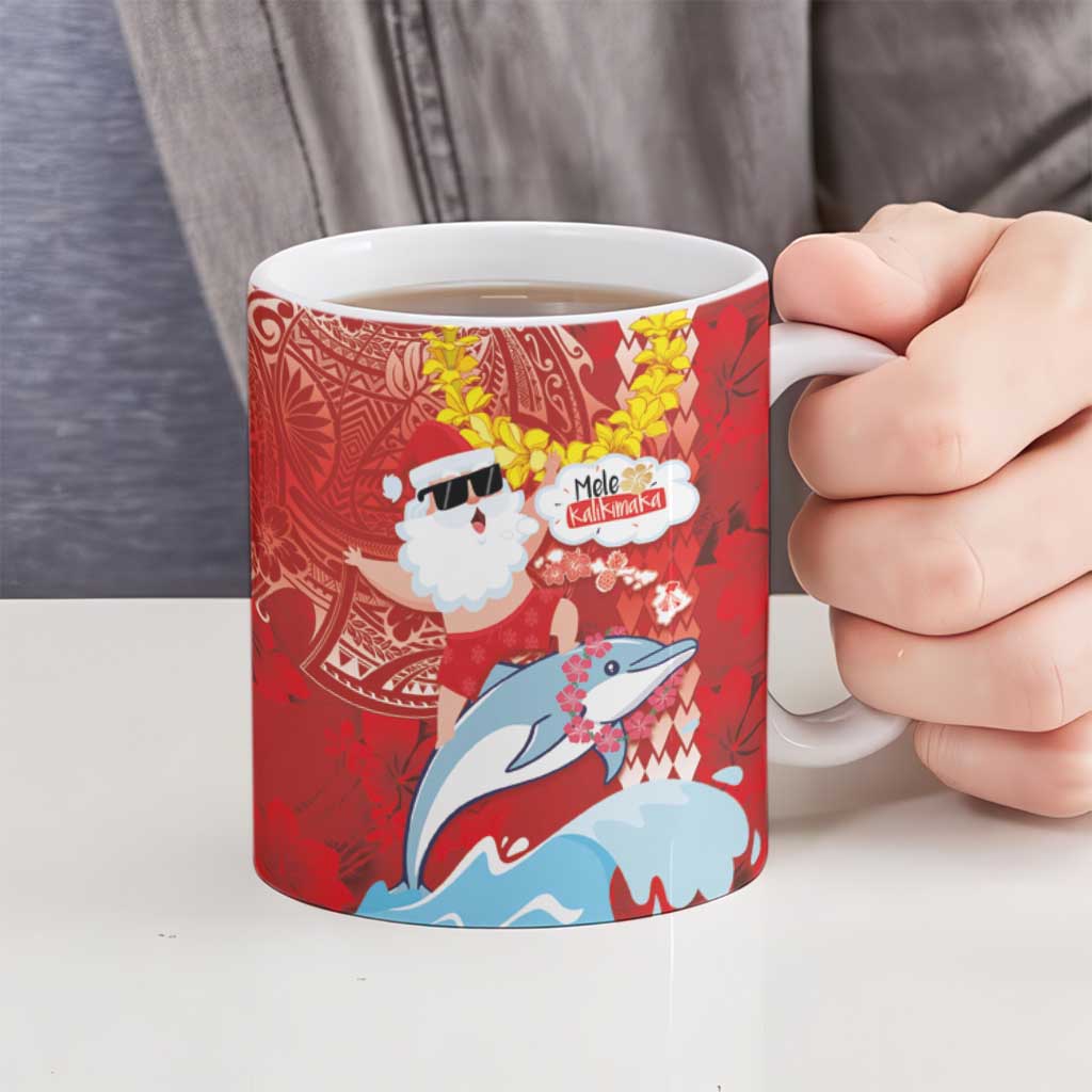 Hawaiian Mele Kalikimaka Ceramic Mug Funny Santa Riding Lei Dolphin with Kakau Tattoos - Polynesian Pride