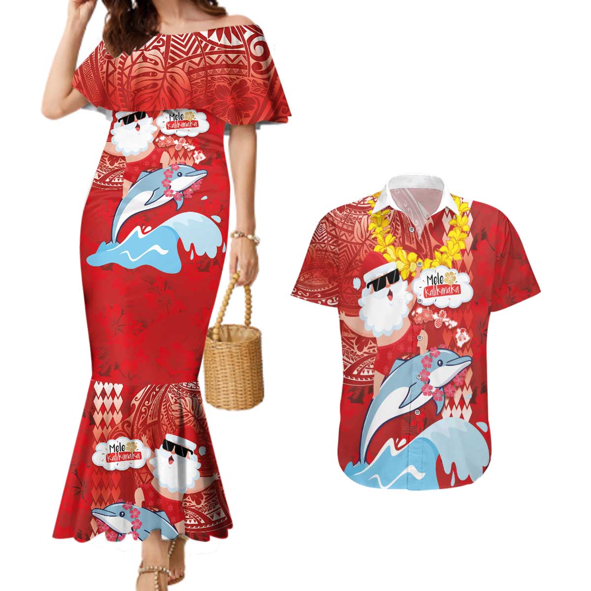Hawaiian Mele Kalikimaka Couples Matching Mermaid Dress and Hawaiian Shirt Funny Santa Riding Lei Dolphin with Kakau Tattoos - Polynesian Pride