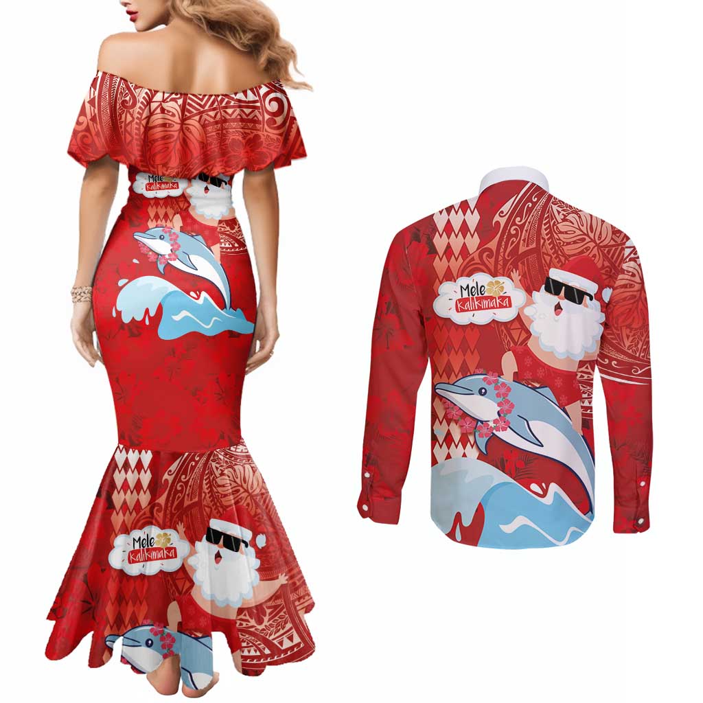 Hawaiian Mele Kalikimaka Couples Matching Mermaid Dress and Long Sleeve Button Shirt Funny Santa Riding Lei Dolphin with Kakau Tattoos - Polynesian Pride