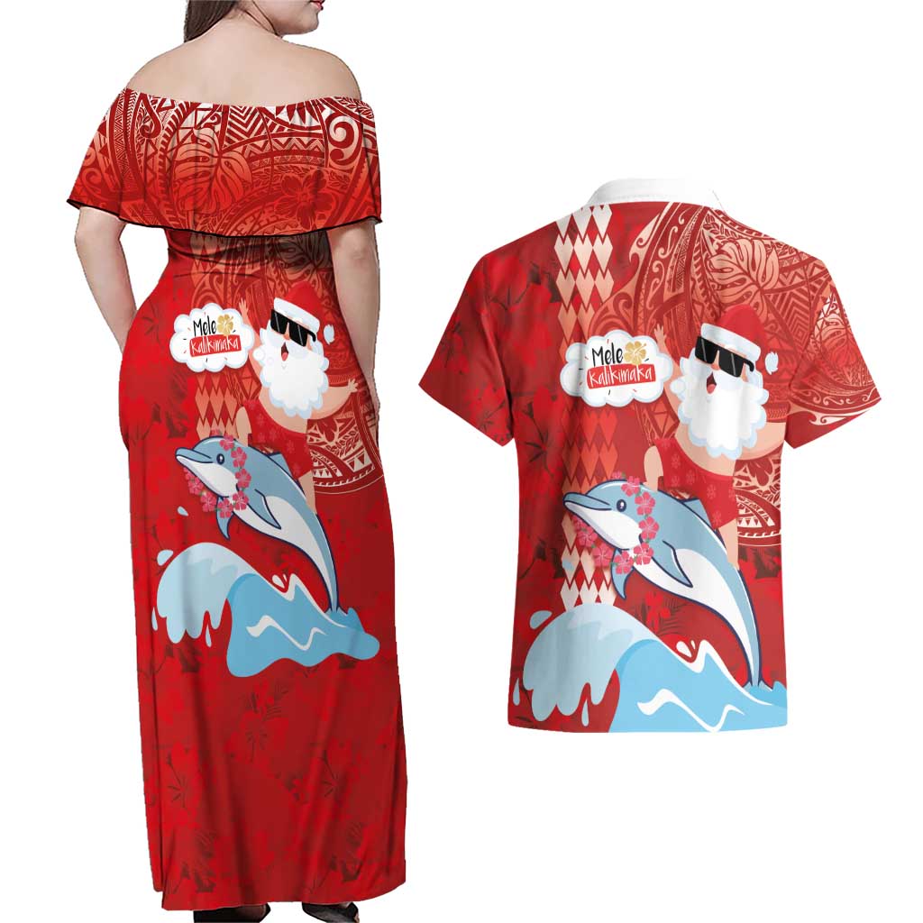Hawaiian Mele Kalikimaka Couples Matching Off Shoulder Maxi Dress and Hawaiian Shirt Funny Santa Riding Lei Dolphin with Kakau Tattoos - Polynesian Pride