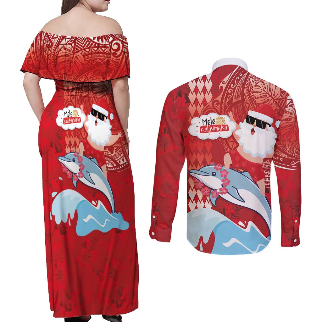 Hawaiian Mele Kalikimaka Couples Matching Off Shoulder Maxi Dress and Long Sleeve Button Shirt Funny Santa Riding Lei Dolphin with Kakau Tattoos - Polynesian Pride