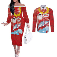 Hawaiian Mele Kalikimaka Couples Matching Off The Shoulder Long Sleeve Dress and Long Sleeve Button Shirt Funny Santa Riding Lei Dolphin with Kakau Tattoos - Polynesian Pride