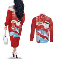 Hawaiian Mele Kalikimaka Couples Matching Off The Shoulder Long Sleeve Dress and Long Sleeve Button Shirt Funny Santa Riding Lei Dolphin with Kakau Tattoos - Polynesian Pride
