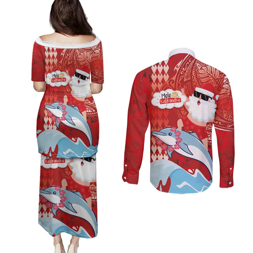 Hawaiian Mele Kalikimaka Couples Matching Puletasi and Long Sleeve Button Shirt Funny Santa Riding Lei Dolphin with Kakau Tattoos - Polynesian Pride