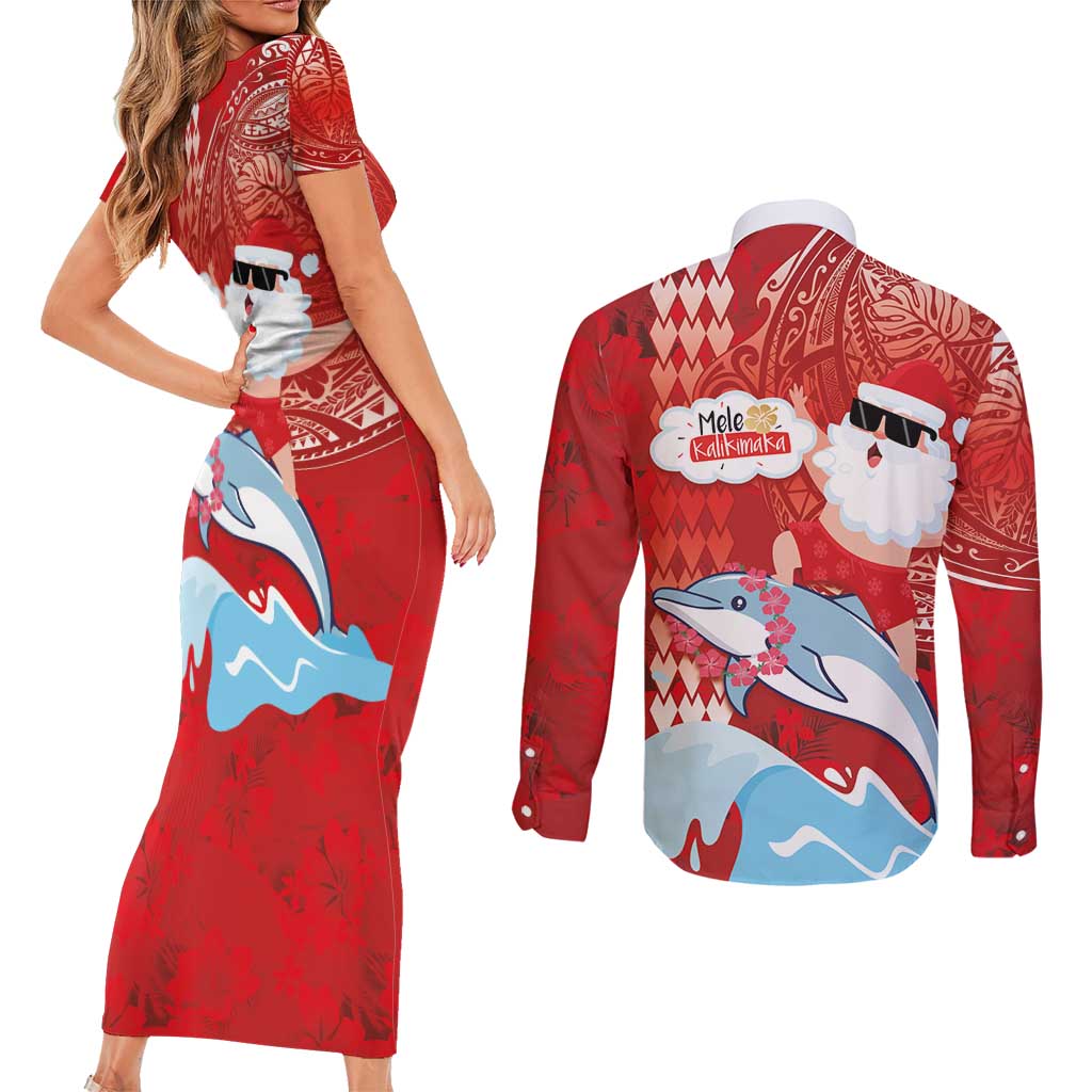 Hawaiian Mele Kalikimaka Couples Matching Short Sleeve Bodycon Dress and Long Sleeve Button Shirt Funny Santa Riding Lei Dolphin with Kakau Tattoos - Polynesian Pride