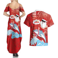 Hawaiian Mele Kalikimaka Couples Matching Summer Maxi Dress and Hawaiian Shirt Funny Santa Riding Lei Dolphin with Kakau Tattoos - Polynesian Pride