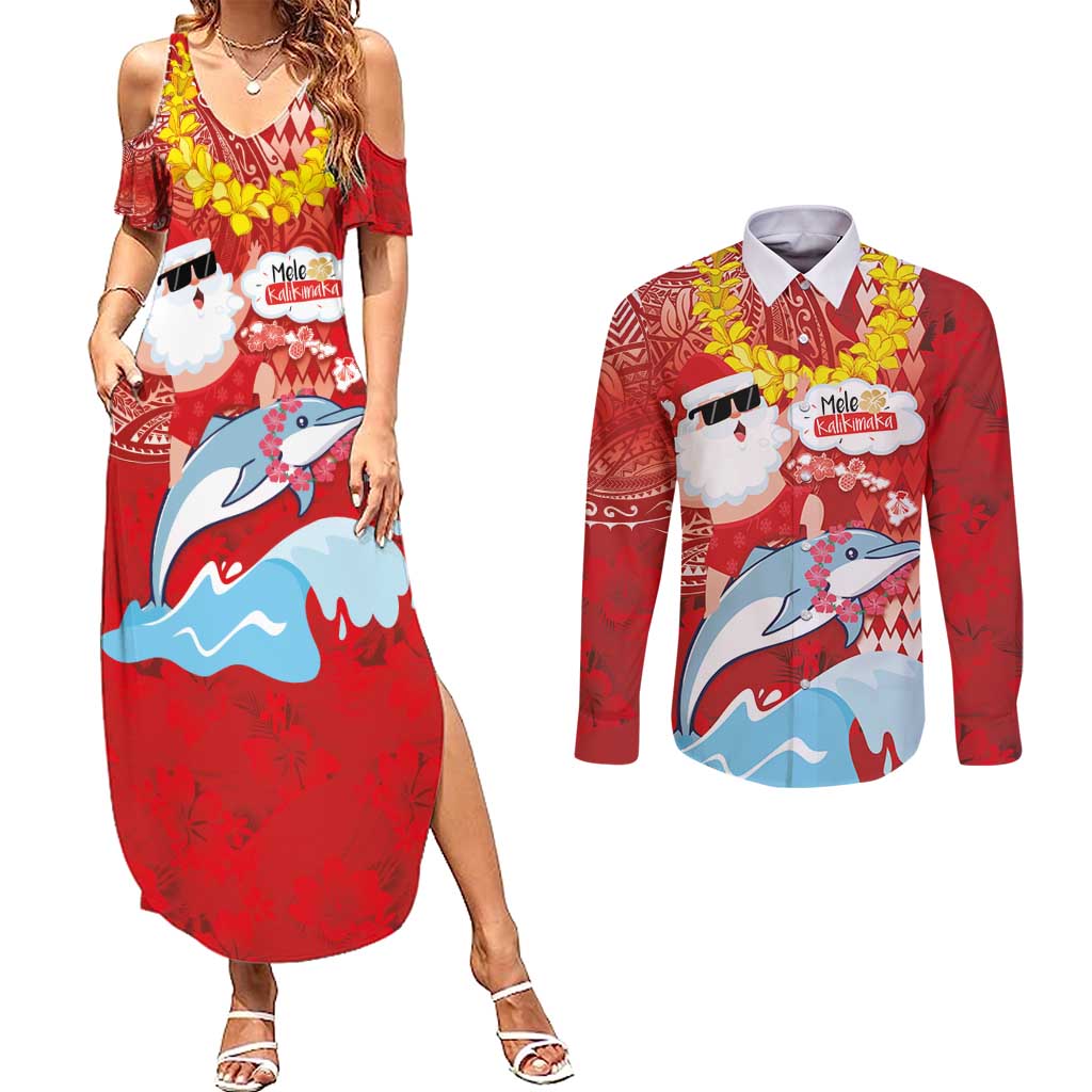 Hawaiian Mele Kalikimaka Couples Matching Summer Maxi Dress and Long Sleeve Button Shirt Funny Santa Riding Lei Dolphin with Kakau Tattoos - Polynesian Pride