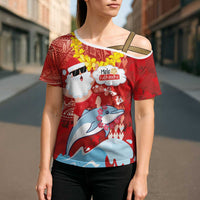 Hawaiian Mele Kalikimaka Cross Shoulder Shirt Funny Santa Riding Lei Dolphin with Kakau Tattoos - Polynesian Pride
