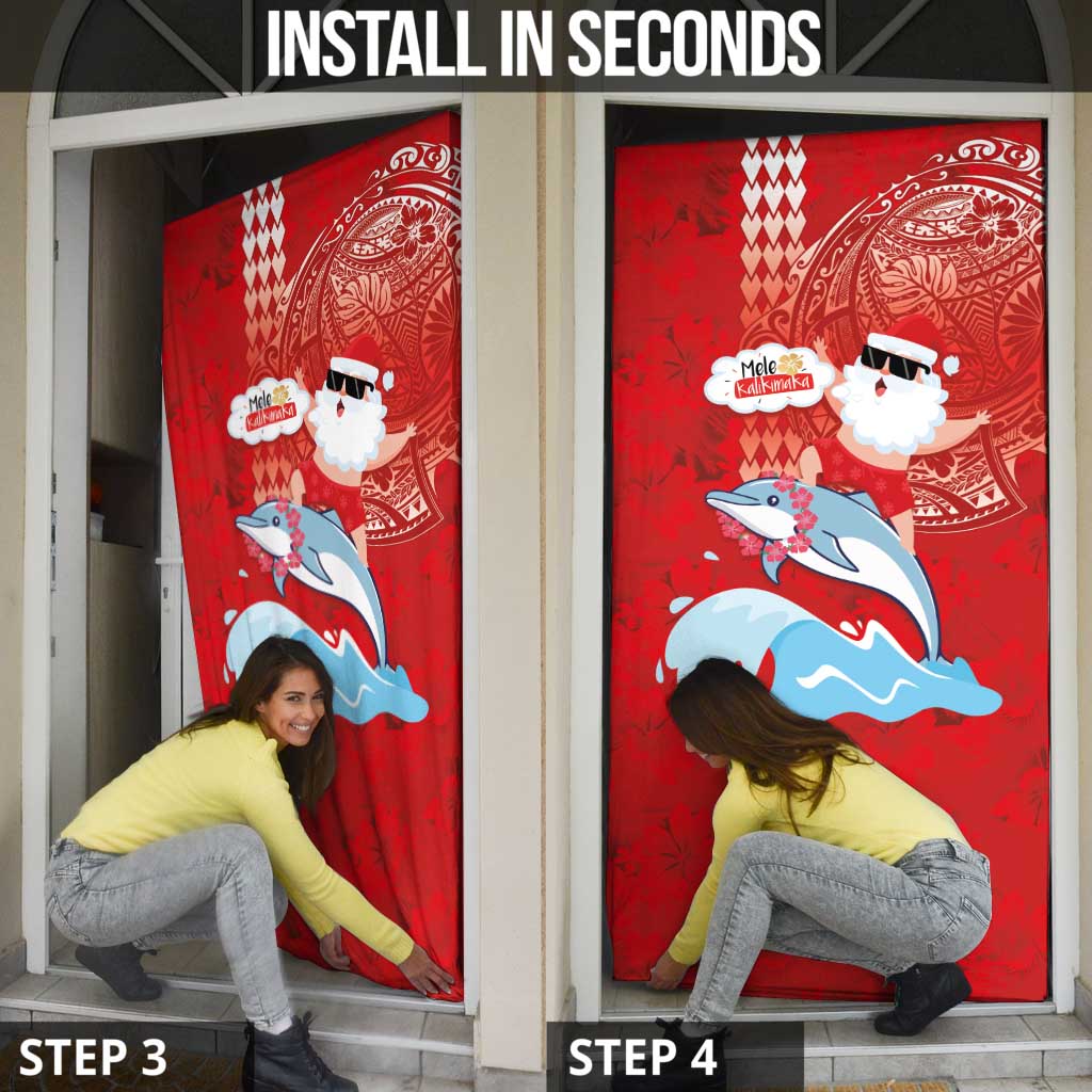 Hawaiian Mele Kalikimaka Door Cover Funny Santa Riding Lei Dolphin with Kakau Tattoos - Polynesian Pride