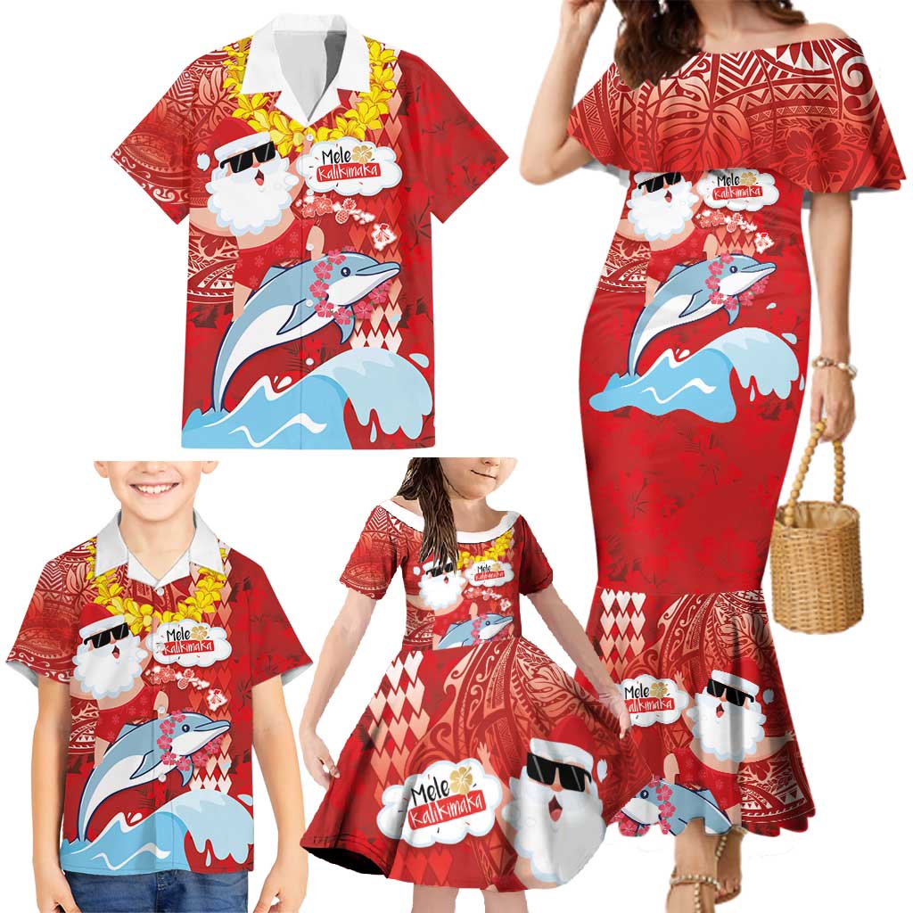 Hawaiian Mele Kalikimaka Family Matching Mermaid Dress and Hawaiian Shirt Funny Santa Riding Lei Dolphin with Kakau Tattoos - Polynesian Pride
