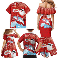 Hawaiian Mele Kalikimaka Family Matching Mermaid Dress and Hawaiian Shirt Funny Santa Riding Lei Dolphin with Kakau Tattoos - Polynesian Pride