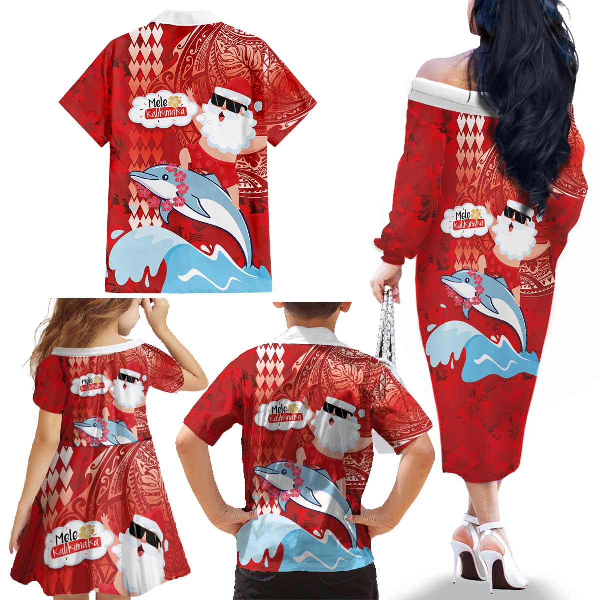 Hawaiian Mele Kalikimaka Family Matching Off The Shoulder Long Sleeve Dress and Hawaiian Shirt Funny Santa Riding Lei Dolphin with Kakau Tattoos - Polynesian Pride