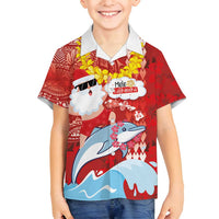 Hawaiian Mele Kalikimaka Family Matching Off Shoulder Short Dress and Hawaiian Shirt Funny Santa Riding Lei Dolphin with Kakau Tattoos - Polynesian Pride