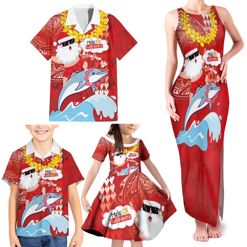 Hawaiian Mele Kalikimaka Family Matching Tank Maxi Dress and Hawaiian Shirt Funny Santa Riding Lei Dolphin with Kakau Tattoos - Polynesian Pride