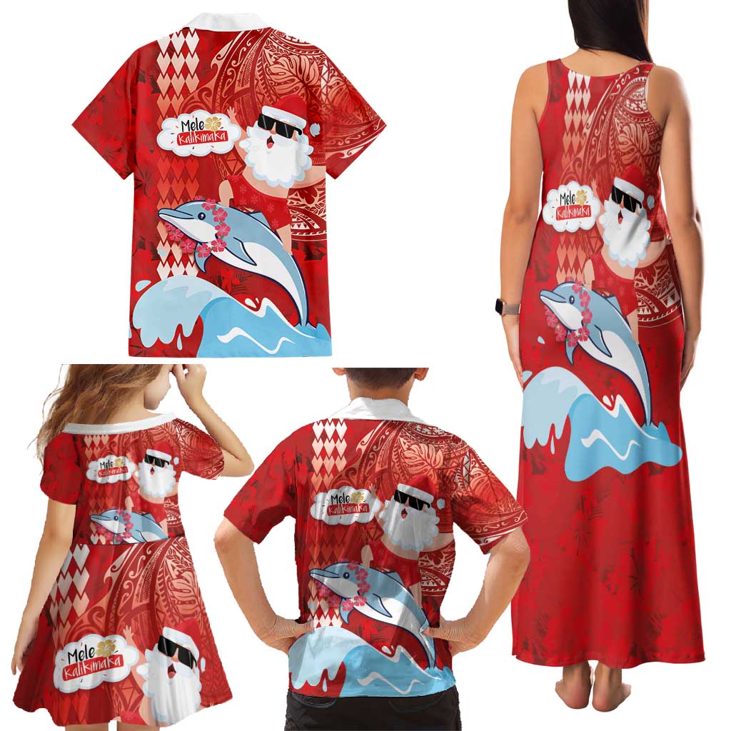 Hawaiian Mele Kalikimaka Family Matching Tank Maxi Dress and Hawaiian Shirt Funny Santa Riding Lei Dolphin with Kakau Tattoos - Polynesian Pride