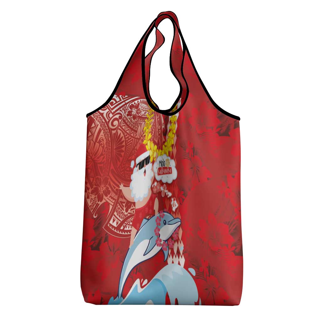 Hawaiian Mele Kalikimaka Grocery Bag Funny Santa Riding Lei Dolphin with Kakau Tattoos - Polynesian Pride