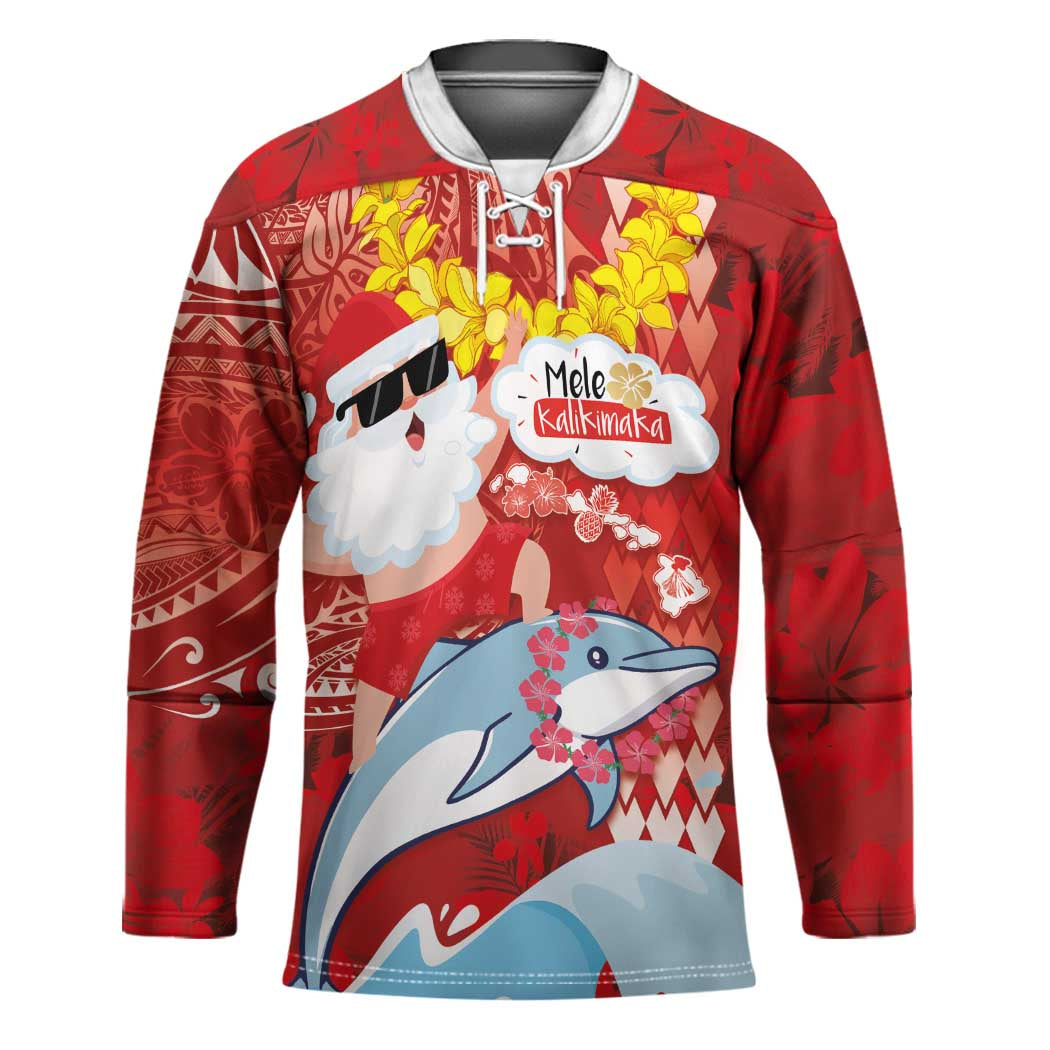 Hawaiian Mele Kalikimaka Hockey Jersey Funny Santa Riding Lei Dolphin with Kakau Tattoos - Polynesian Pride