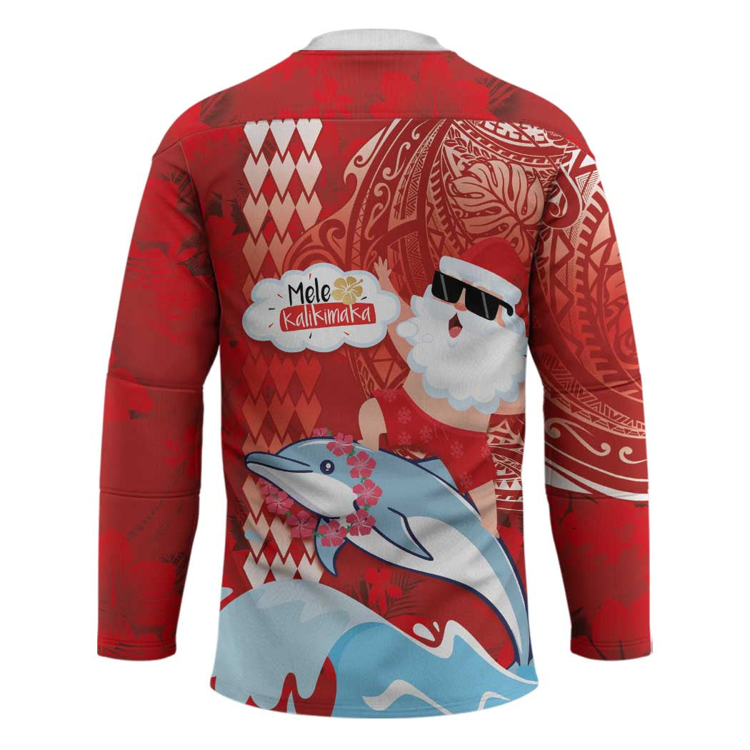 Hawaiian Mele Kalikimaka Hockey Jersey Funny Santa Riding Lei Dolphin with Kakau Tattoos - Polynesian Pride