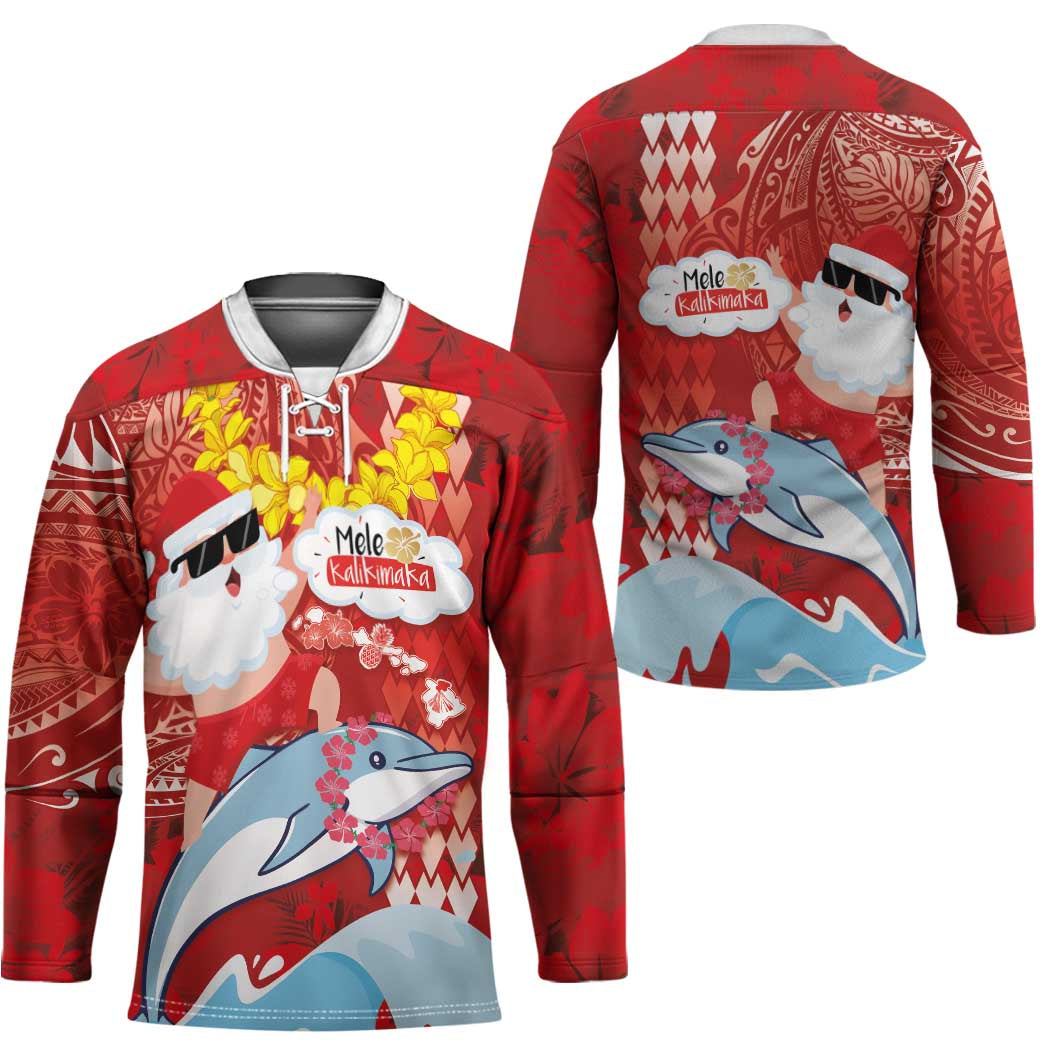 Hawaiian Mele Kalikimaka Hockey Jersey Funny Santa Riding Lei Dolphin with Kakau Tattoos - Polynesian Pride