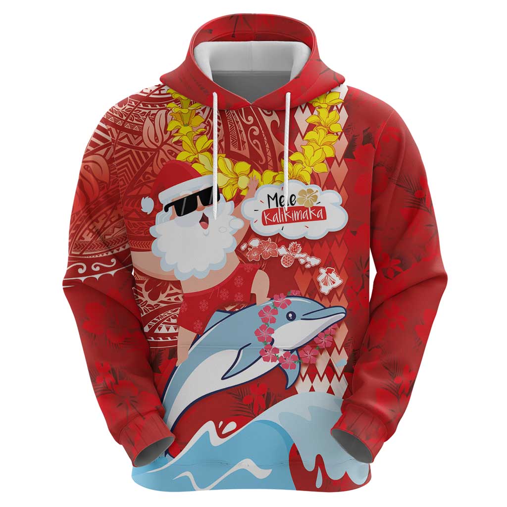 Hawaiian Mele Kalikimaka Hoodie Funny Santa Riding Lei Dolphin with Kakau Tattoos - Polynesian Pride