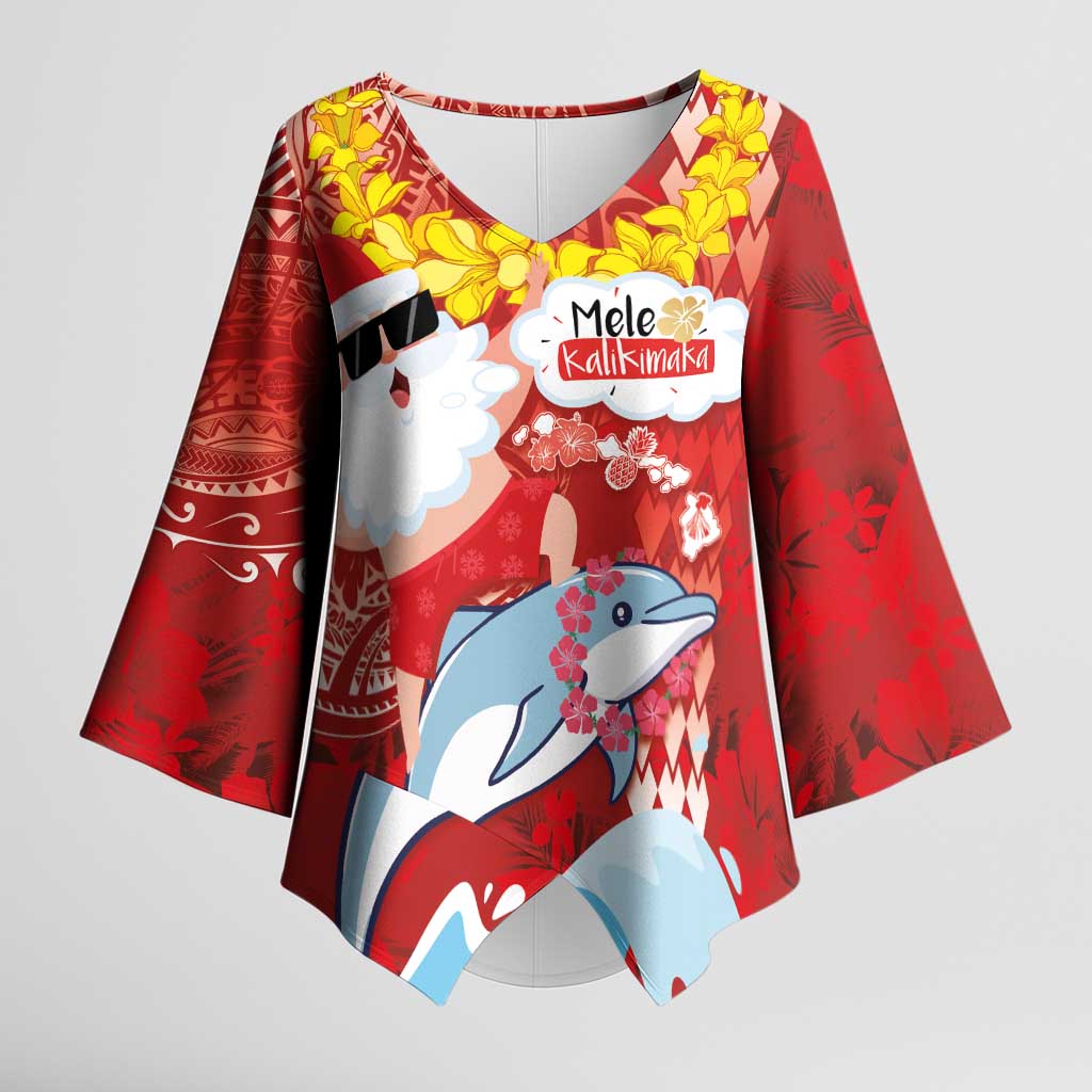 Hawaiian Mele Kalikimaka Kimono Sleeve Blouse Funny Santa Riding Lei Dolphin with Kakau Tattoos - Polynesian Pride