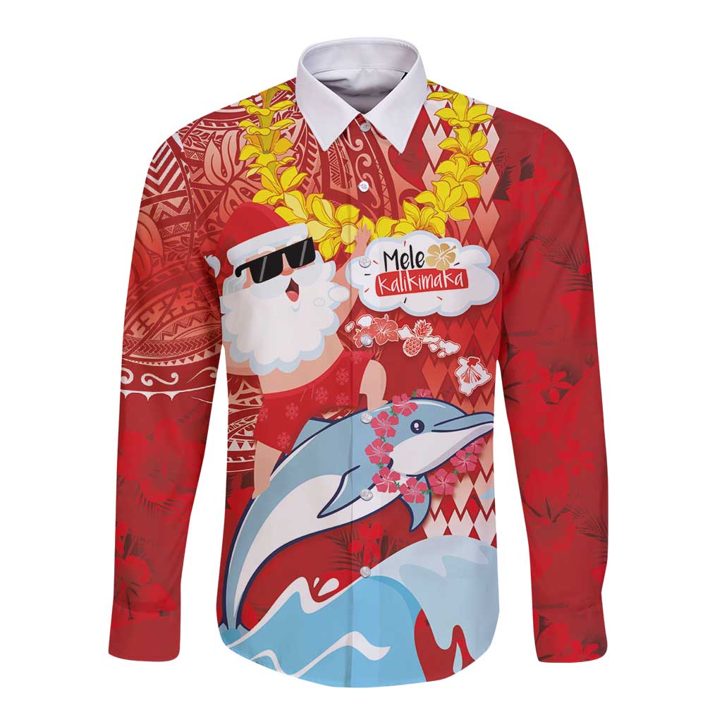 Hawaiian Mele Kalikimaka Long Sleeve Button Shirt Funny Santa Riding Lei Dolphin with Kakau Tattoos - Polynesian Pride