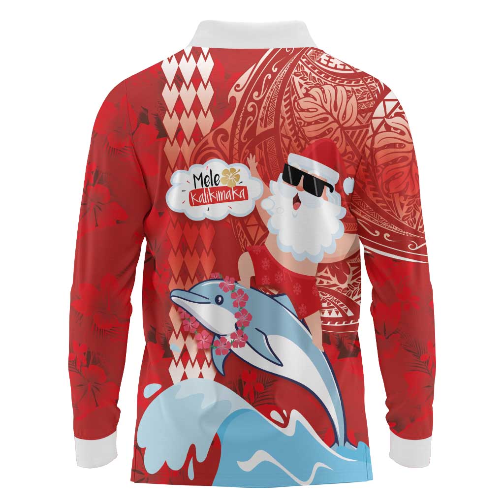 Hawaiian Mele Kalikimaka Long Sleeve Polo Shirt Funny Santa Riding Lei Dolphin with Kakau Tattoos - Polynesian Pride