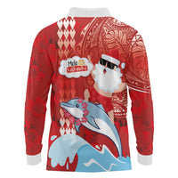 Hawaiian Mele Kalikimaka Long Sleeve Polo Shirt Funny Santa Riding Lei Dolphin with Kakau Tattoos - Polynesian Pride