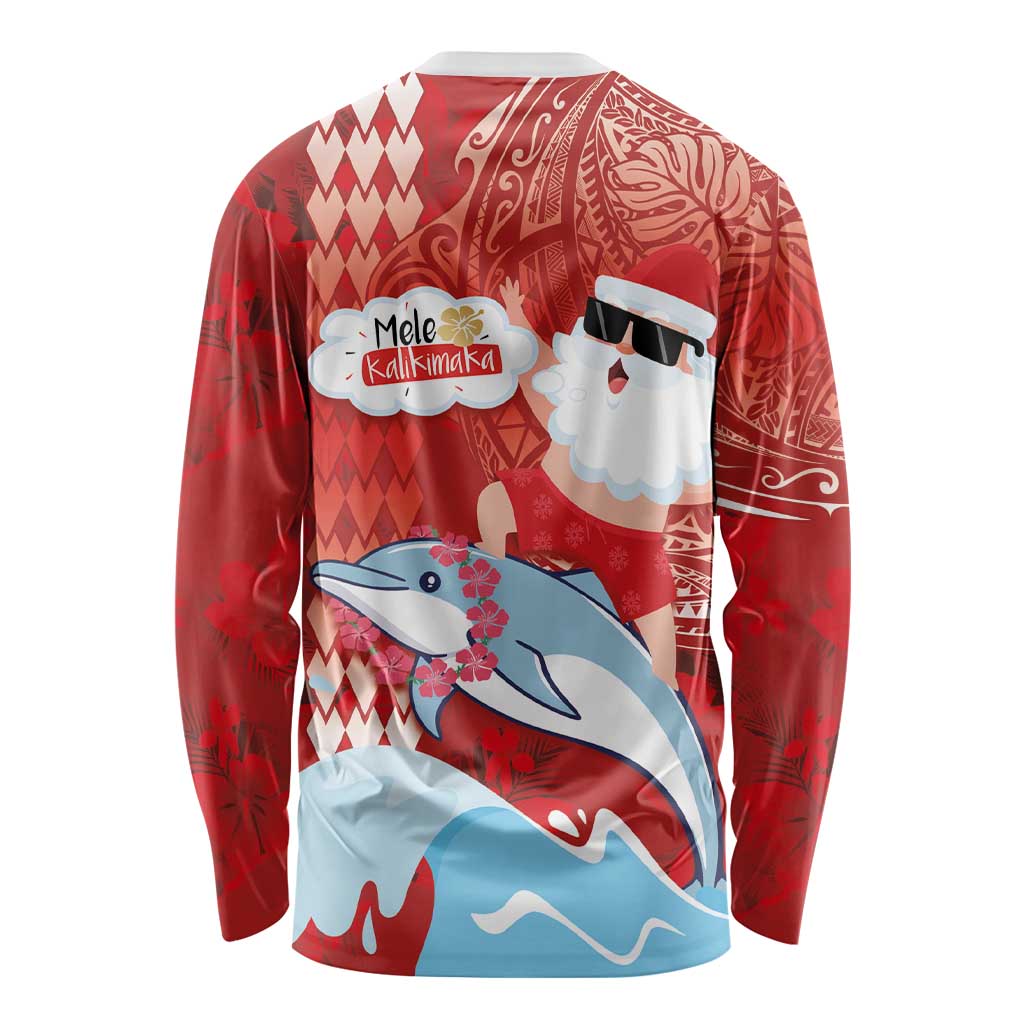 Hawaiian Mele Kalikimaka Long Sleeve Shirt Funny Santa Riding Lei Dolphin with Kakau Tattoos - Polynesian Pride