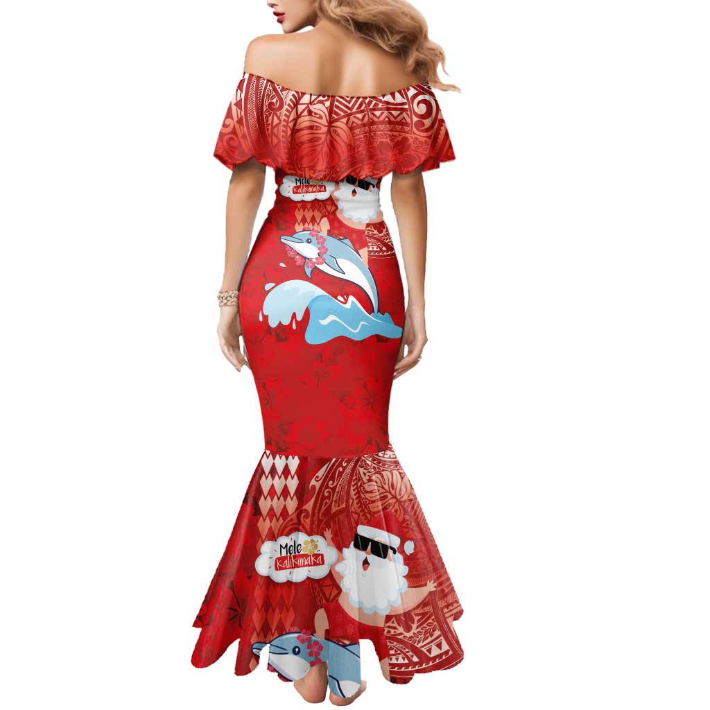 Hawaiian Mele Kalikimaka Mermaid Dress Funny Santa Riding Lei Dolphin with Kakau Tattoos - Polynesian Pride