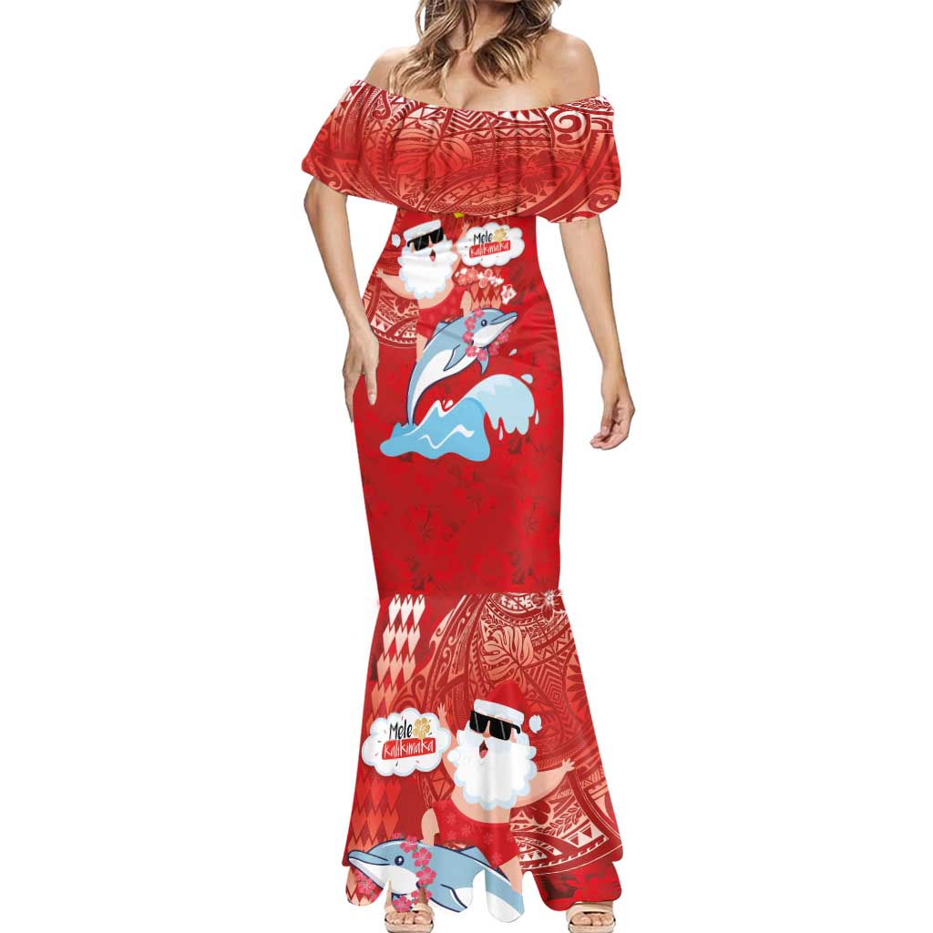 Hawaiian Mele Kalikimaka Mermaid Dress Funny Santa Riding Lei Dolphin with Kakau Tattoos - Polynesian Pride