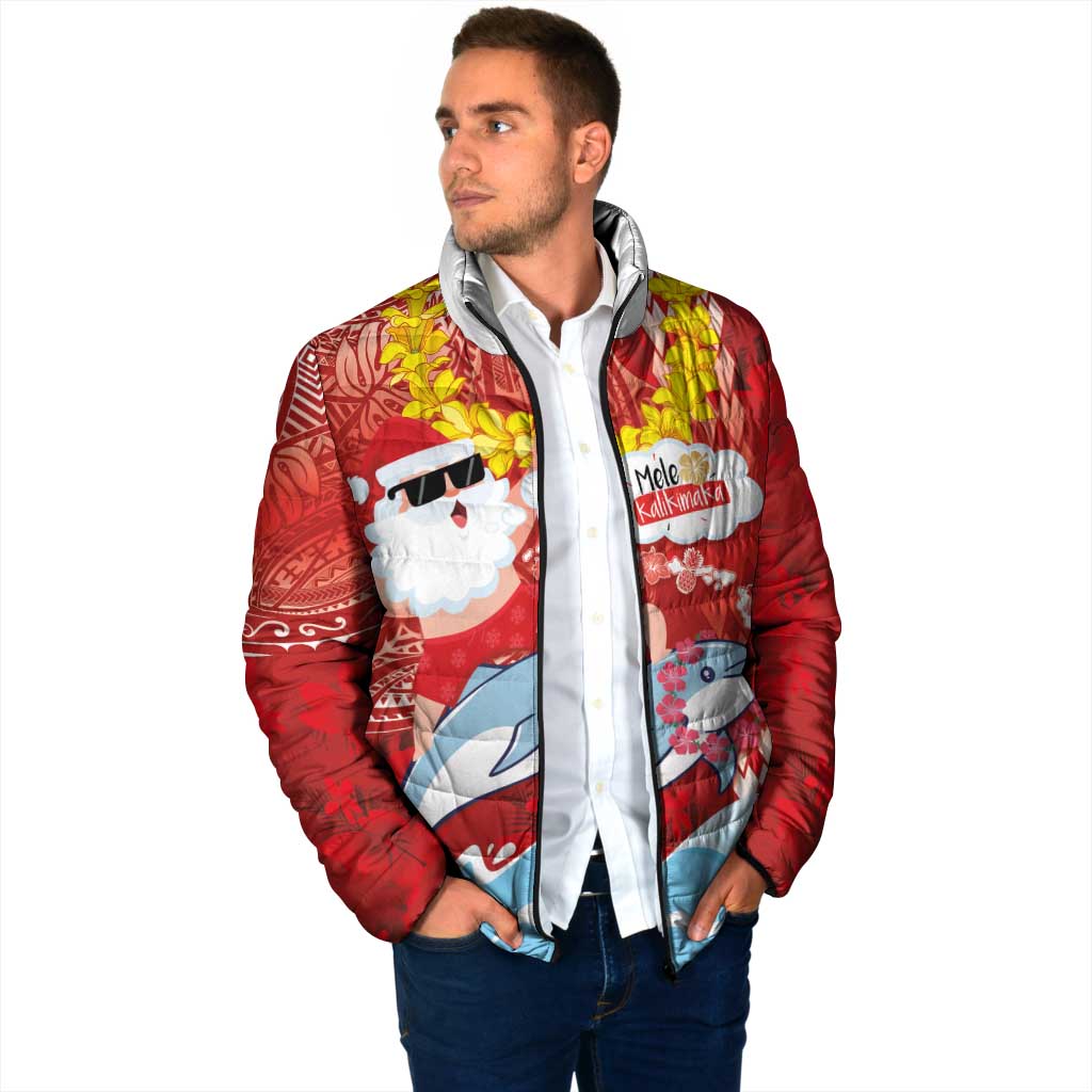 Hawaiian Mele Kalikimaka Padded Jacket Funny Santa Riding Lei Dolphin with Kakau Tattoos - Polynesian Pride