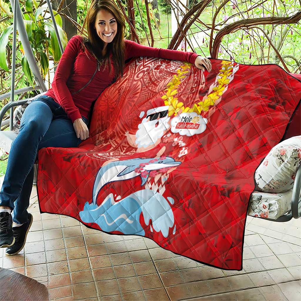 Hawaiian Mele Kalikimaka Quilt Funny Santa Riding Lei Dolphin with Kakau Tattoos - Polynesian Pride