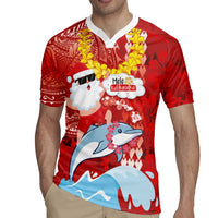 Hawaiian Mele Kalikimaka Rugby Jersey Funny Santa Riding Lei Dolphin with Kakau Tattoos - Polynesian Pride