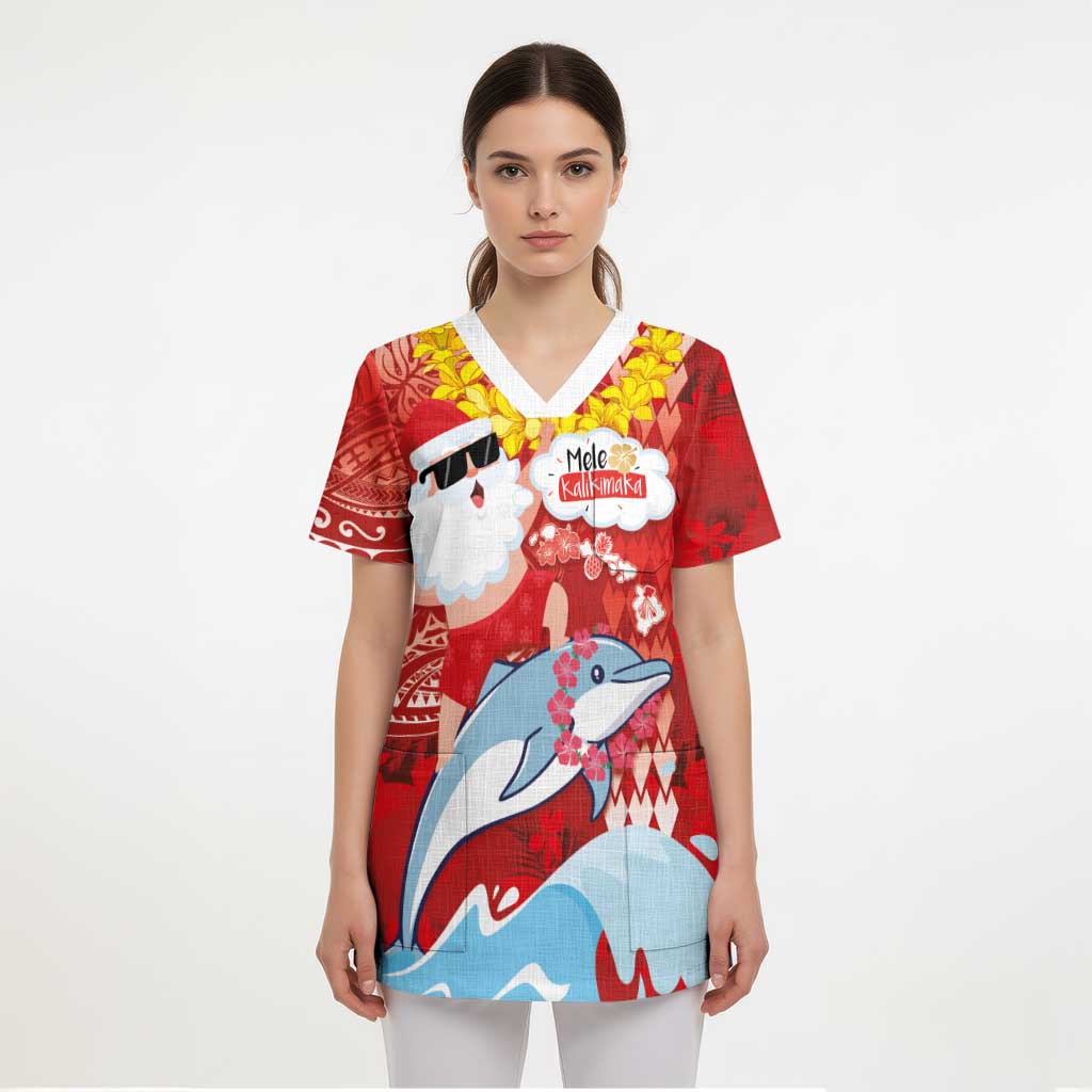 Hawaiian Mele Kalikimaka Scrub Top Funny Santa Riding Lei Dolphin with Kakau Tattoos - Polynesian Pride