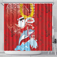 Hawaiian Mele Kalikimaka Shower Curtain Funny Santa Riding Lei Dolphin with Kakau Tattoos - Polynesian Pride