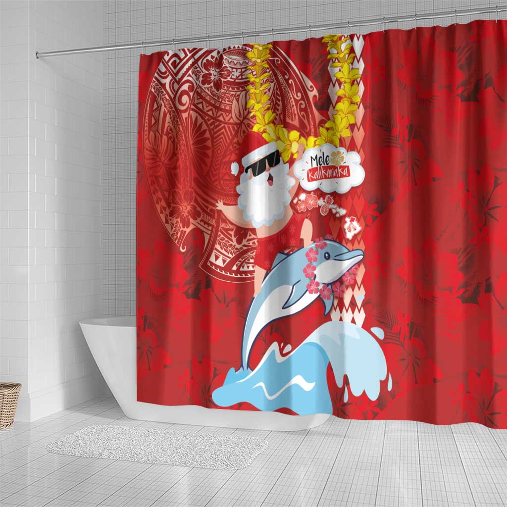 Hawaiian Mele Kalikimaka Shower Curtain Funny Santa Riding Lei Dolphin with Kakau Tattoos - Polynesian Pride
