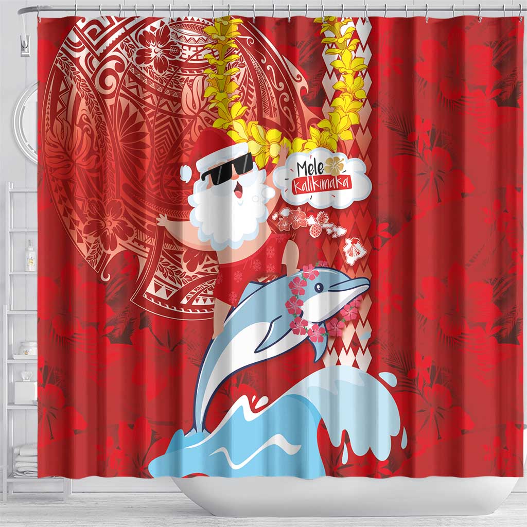 Hawaiian Mele Kalikimaka Shower Curtain Funny Santa Riding Lei Dolphin with Kakau Tattoos - Polynesian Pride