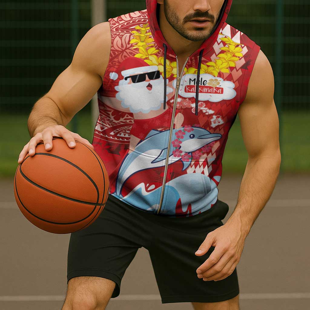 Hawaiian Mele Kalikimaka Sleeveless Zip Hoodie Funny Santa Riding Lei Dolphin with Kakau Tattoos - Polynesian Pride