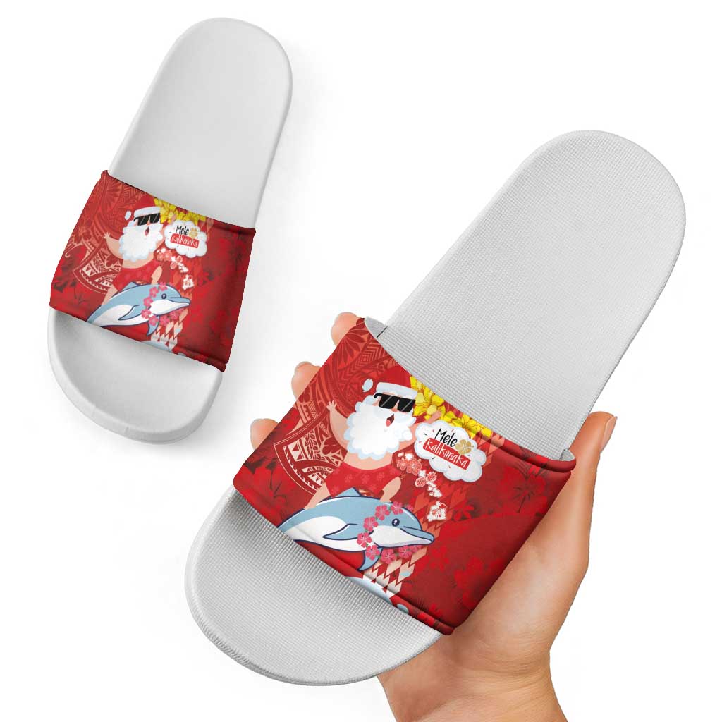 Hawaiian Mele Kalikimaka Slide Sandals Funny Santa Riding Lei Dolphin with Kakau Tattoos - Polynesian Pride